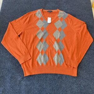 Banana Republic Sweater Mens Extra Large Orange Gray Argyle Silk Cotton Cashmere